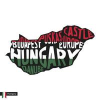 Typography map silhouette of Hungary in black and flag colors. vector