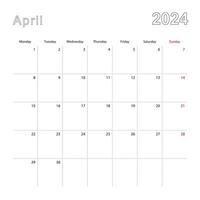 Simple wall calendar for April 2024 with dotted lines. The calendar is in English, week start from Monday. vector