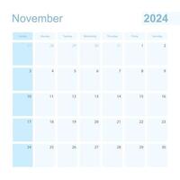 2024 November wall planner in blue color, week starts on Sunday. vector