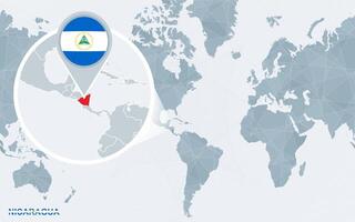 World map centered on America with magnified Nicaragua. vector