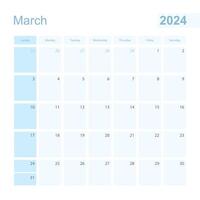 2024 March wall planner in blue color, week starts on Sunday. vector