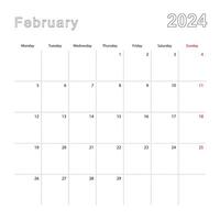 sencillo pared calendario para febrero 2024 con punteado líneas. el calendario es en inglés, semana comienzo desde lunes. vector