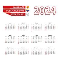 Calendar 2024 in Spanish language with public holidays the country of Venezuela in year 2024. vector