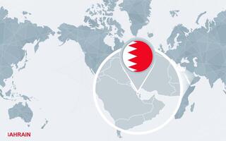 World map centered on America with magnified Bahrain. vector