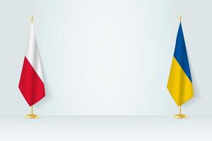 Poland and Ukraine flag on indoor flagpole, meeting concept between Ukraine and Poland. vector