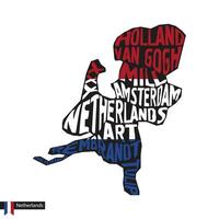 Typography map silhouette of Netherlands in black and flag colors. vector