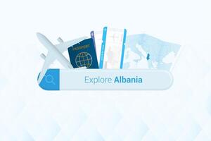 buscando Entradas a Albania o viaje destino en albania buscando bar con avión, pasaporte, embarque aprobar, Entradas y mapa. vector