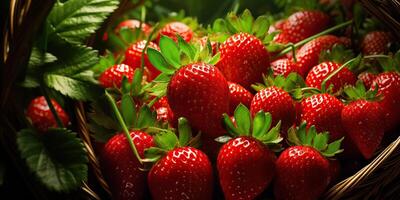 AI generated Fresh raw vegetarian red green berry strawberry in basket. Market plant farmer harvest photo