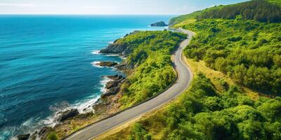 AI generated Beautiful nature outdoor adventure road trip travel road path highway with ocean sea coast photo