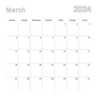 sencillo pared calendario para marzo 2024 con punteado líneas. el calendario es en inglés, semana comienzo desde lunes. vector