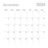 Simple wall calendar for November 2024 with dotted lines. The calendar is in English, week start from Monday. vector