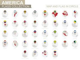 mapa y bandera en círculo, America países recopilación. vector