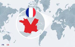 World map centered on America with magnified France. vector