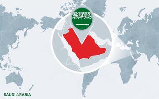 World map centered on America with magnified Saudi Arabia. vector