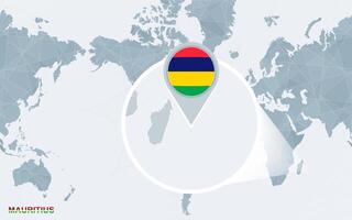 World map centered on America with magnified Mauritius. vector