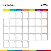 October 2024 colorful wall calendar, week starts on Monday. vector