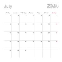 Simple wall calendar for July 2024 with dotted lines. The calendar is in English, week start from Monday. vector