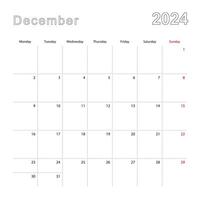 Simple wall calendar for December 2024 with dotted lines. The calendar is in English, week start from Monday. vector