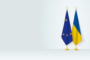 Flags of European Union and Ukraine on flag stand, meeting between two countries. vector