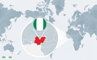 World map centered on America with magnified Nigeria. vector