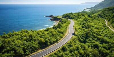 AI generated Beautiful nature outdoor adventure road trip travel road path highway with ocean sea coast photo