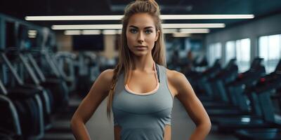 ai generado ajuste deportivo mujer niña hembra atleta a gimnasio antecedentes en bueno forma y deporte atuendo. retrato cara con foto