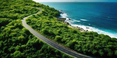 AI generated Beautiful nature outdoor adventure road trip travel road path highway with ocean sea coast photo