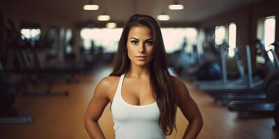 ai generado ajuste deportivo mujer niña hembra atleta a gimnasio antecedentes en bueno forma y deporte atuendo. retrato cara con foto