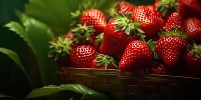 AI generated Fresh raw vegetarian red green berry strawberry in basket. Market plant farmer harvest photo