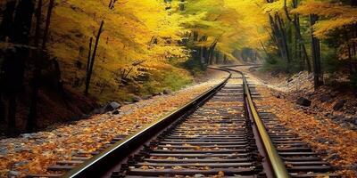 ai generado tren ferrocarril camino camino transporte fuera de naturaleza paisaje vista. aventuras otoño temporada foto