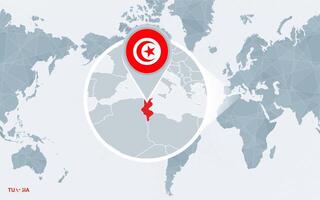 mundo mapa centrado en America con magnificado Túnez. vector
