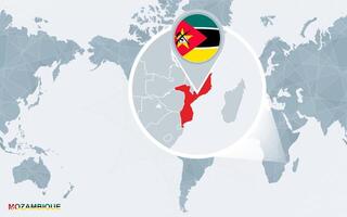 mundo mapa centrado en America con magnificado Mozambique. vector