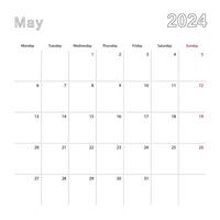 sencillo pared calendario para mayo 2024 con punteado líneas. el calendario es en inglés, semana comienzo desde lunes. vector