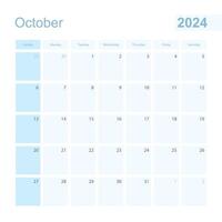 2024 October wall planner in blue color, week starts on Sunday. vector