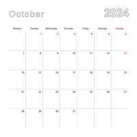 Simple wall calendar for October 2024 with dotted lines. The calendar is in English, week start from Monday. vector