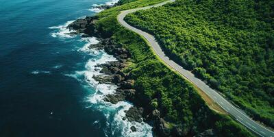 AI generated Beautiful nature outdoor adventure road trip travel road path highway with ocean sea coast photo