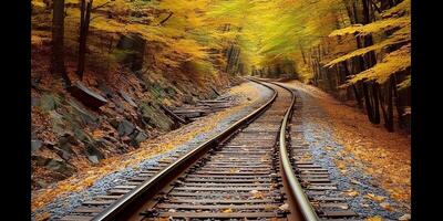 ai generado tren ferrocarril camino camino transporte fuera de naturaleza paisaje vista. aventuras otoño temporada foto