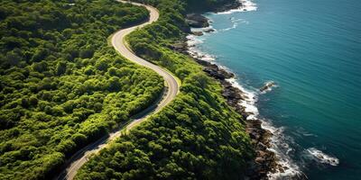 AI generated Beautiful nature outdoor adventure road trip travel road path highway with ocean sea coast photo