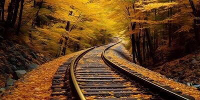 ai generado tren ferrocarril camino camino transporte fuera de naturaleza paisaje vista. aventuras otoño temporada foto
