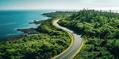 AI generated Beautiful nature outdoor adventure road trip travel road path highway with ocean sea coast photo