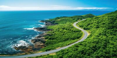 AI generated Beautiful nature outdoor adventure road trip travel road path highway with ocean sea coast photo