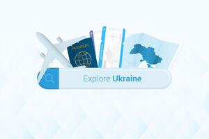 Searching tickets to Ukraine or travel destination in Ukraine. Searching bar with airplane, passport, boarding pass, tickets and map. vector