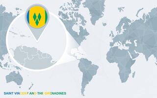 World map centered on America with magnified Saint Vincent and the Grenadines. vector