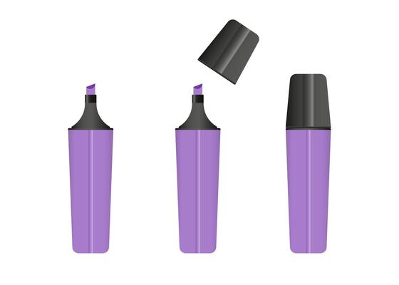 Purple highlighter marker, 3 versions of marker in purple color.