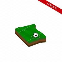 Isometric map of US state Oregon with soccer field. Football ball in center of football pitch. vector