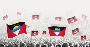 resumen multitud con bandera de antigua y barbuda. pueblos protesta, revolución, Huelga y demostración con bandera de antigua y barbuda. vector