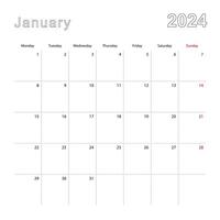 Simple wall calendar for January 2024 with dotted lines. The calendar is in English, week start from Monday. vector