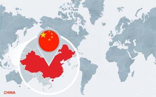 World map centered on America with magnified China. vector