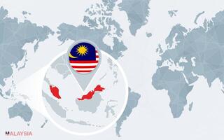World map centered on America with magnified Malaysia. vector