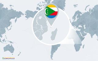 World map centered on America with magnified Comoros. vector